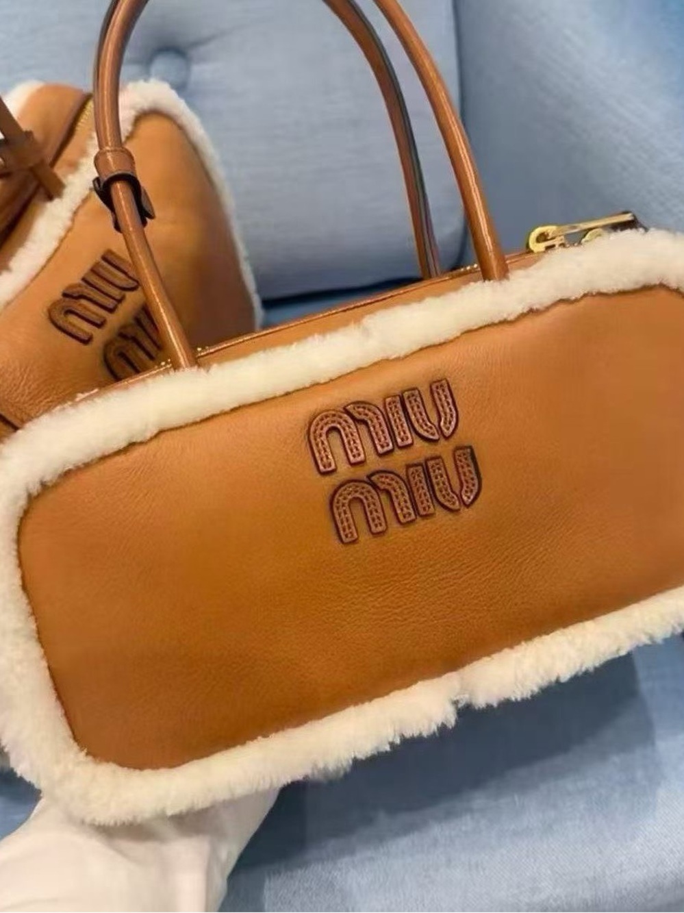Miu Miu Tan Shearling-Trim Leather small  Top-Handle Bag